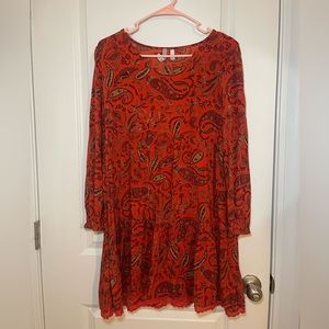 Women’s 1775 Orange Paisley Print Tiered Boho Babydoll Dress Long Sleeve Size M